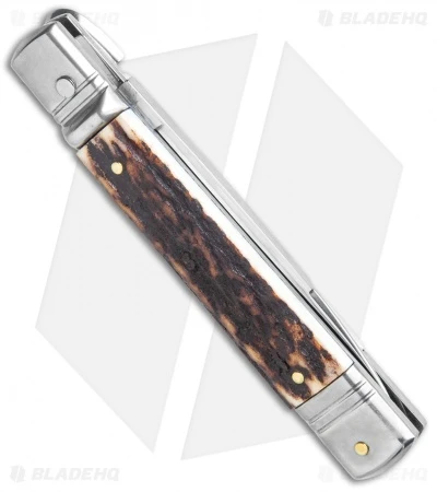 AKC 7.75" Slimline Lever Lock Clip Point Automatic Knife Stag Horn (3.3" Satin) 3 AKC 7.75" Slimline Lever Lock Clip Point Automatic Knife Stag Horn (3.3" Satin) - Image 3
