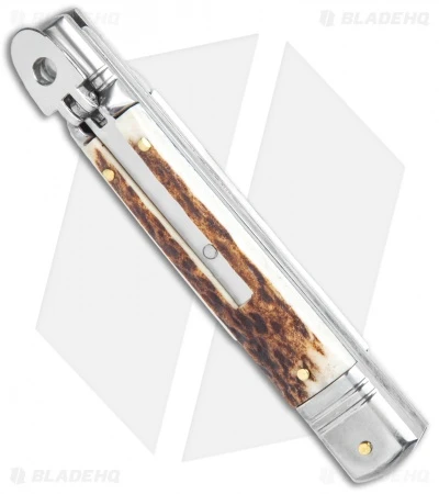AKC 7.75" Slimline Lever Lock Clip Point Automatic Knife Stag Horn (3.3" Satin) 2 AKC 7.75" Slimline Lever Lock Clip Point Automatic Knife Stag Horn (3.3" Satin) - Image 2