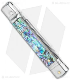 AKC 7.75" Slimline Lever Lock Clip Point Automatic Knife Abalone (3.2" Satin) -Akc Sales Store AKC 7.75in Slimline LL Auto Abalone Satin Flat BHQ 122384 jr side