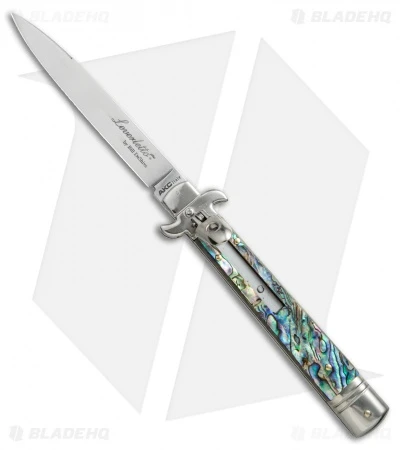 AKC Leverletto 9" Automatic Italian Stiletto Abalone (4" Satin Flat) 1 AKC Leverletto 9" Automatic Italian Stiletto Abalone (4" Satin Flat)