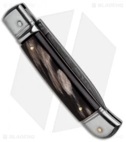 AKC Classic 8" Lever Lock Automatic Italian Knife Dark Horn (3.2" Damascus) -Akc Sales Store AKC Classic 8in LL Dark Horn Damascus Flat BP 30457 jr side