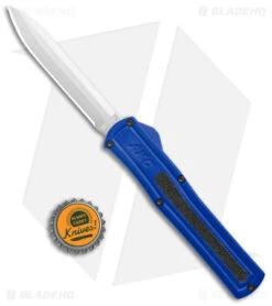 AKC F-20 D/A Spear Point OTF Automatic Knife Blue Aluminum (3.6" Satin) -Akc Sales Store AKC F 20 DA Dagger OTF Auto Blue Satin BHQ 140833 jr bottlecap