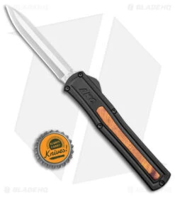 AKC F-20 D/A Dagger OTF Automatic Knife Black W/ Wood Inlay (3.5" Satin ) -Akc Sales Store AKC F 20 DA SP OTF Auto Black Wood Inlay Satin BHQ 152445 jr bottlecap