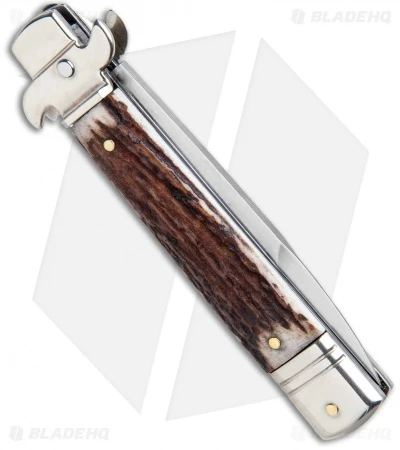 AKC Leverletto 7.75" Lever Lock Auto Italian Knife Stag (3.25" Satin Bayo) 3 AKC Leverletto 7.75" Lever Lock Auto Italian Knife Stag (3.25" Satin Bayo) - Image 3