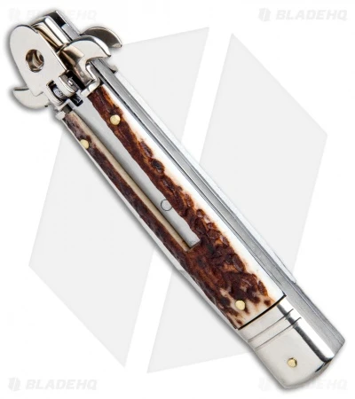 AKC Leverletto 7.75" Lever Lock Auto Italian Knife Stag (3.25" Satin Bayo) 2 AKC Leverletto 7.75" Lever Lock Auto Italian Knife Stag (3.25" Satin Bayo) - Image 2