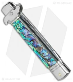 AKC Leverletto 8" Automatic Italian Stiletto Abalone (3.25" Damascus) -Akc Sales Store AKC Swinguard 8in Italian Stiletto Abalone Damascus BHQ 77548 jr side