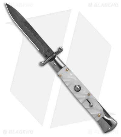 AKC Swinguard 9" Automatic Italian Stiletto White Pearlex (4" Damascus Bayonet) 1 AKC Swinguard 9" Automatic Italian Stiletto White Pearlex (4" Damascus Bayonet)