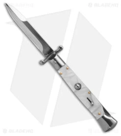 AKC Swinguard 9" Automatic Italian Stiletto White Pearlex (4" Polish Bayonet)