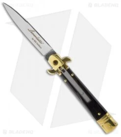 AKC Leverletto 7.75" Lever Lock Auto Italian Knife Dark Horn (3.2" Satin Flat)