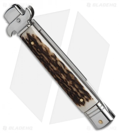 AKC Leverletto 9" Lever Lock Automatic Italian Knife Stag Horn (4" Satin Flat) 2 AKC Leverletto 9" Lever Lock Automatic Italian Knife Stag Horn (4" Satin Flat) - Image 2